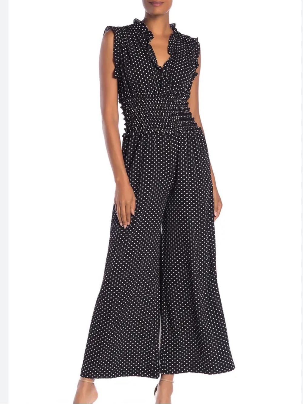 MAX STUDIO Wide Leg Crepe Jumpsuit
Ruffles black polka dot romantic womens M